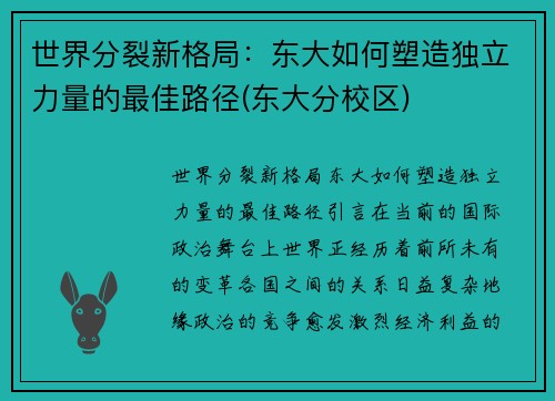 世界分裂新格局：东大如何塑造独立力量的最佳路径(东大分校区)